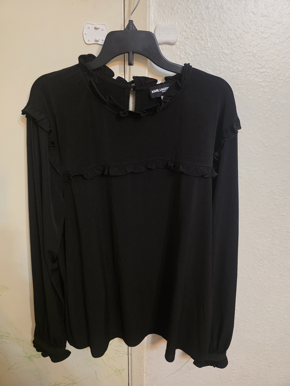 Karl Lagerfeld Black Long-Sleeve Ruffle Neck Top